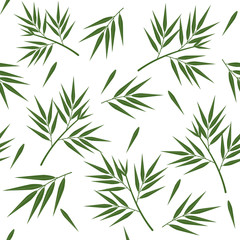 Green bamboo leaves seamless pattern, white background, vector
