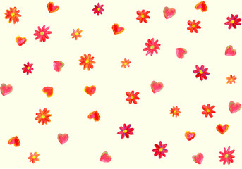 手描きの花とハート柄の背景　白