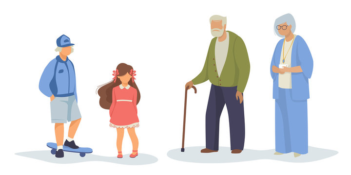 Different generation set. Children with skateboard, senior couple, grandparents. Flat vector illustrations. Age, family concept for banner, website design or landing web page