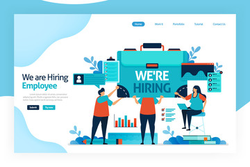 Landing page of we are hiring employees. open vacancies for job seekers. open recruitment agencies, jobs interview. selection and analysis knowledge, skills, abilities. website, mobile apps, poster.