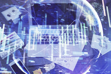 Multi exposure of business theme icons and work space with computer background. Concept of success.