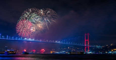 ISTANBUL, TURKEY. New Year 2020 Celebrations Around the Istanbul. Fireworks with Istanbul Bosphorus Bridge (15th July Martyrs Bridge).