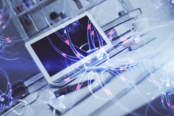 Desktop computer background and neuron drawing. Double exposure. Education concept.