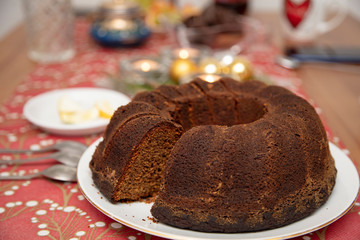 festive Christmas table, chocolate muffin 