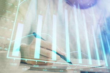 Forex chart displayed on woman's hand taking notes background. Concept of research. Multi exposure