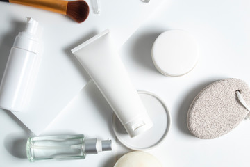 beauty spa medical skincare and cosmetic lotion cream serum oil mockup bottle packaging on white decor background, collagen healthcare medicine concept