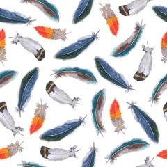 Gardinen Nahtloses Muster mit dekorativen blauen und orangefarbenen Federn auf weißem Hintergrund. Handgezeichnete Aquarellillustration. © angry_red_cat