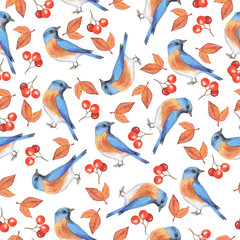 Seamless pattern with bluebird, autumn leaves and red berries on white background. Hand drawn watercolor illustration.
