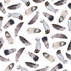 Seamless pattern with decorative dark grey feathers on white background. Hand drawn watercolor illustration.