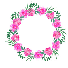 Cartoon pink rose flowers and green leaves round frame isolated on white background. Hand drawn watercolor illustration.