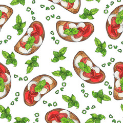 Seamless pattern with mozzarella and tomato sandwich and fresh basil on white background. Hand drawn watercolor and ink illustration.