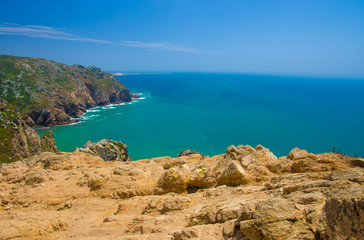 Portugal, The Western Cape Roca of Europe, landscape of Cape Roca, Atlantic ocean coastline view from Cabo da Roca, Azure Atlantic water, cliffs of coastline at the extreme point of Europe