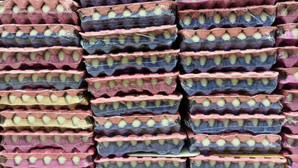 Organic fresh eggs in colorful cardboard egg box holder at the supermarket in Istanbul, Turkey