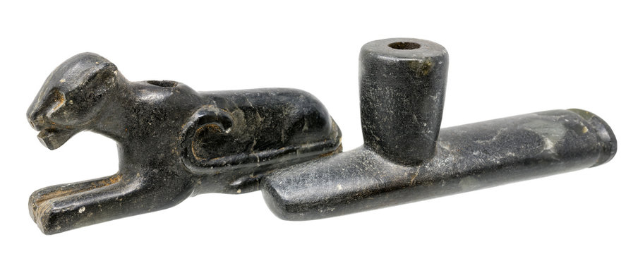 Two Pipes of the North American Indians made of dark soapstone
