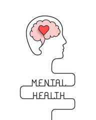 Human head and brain with heart outline as mental health, emotional well being and awareness concept