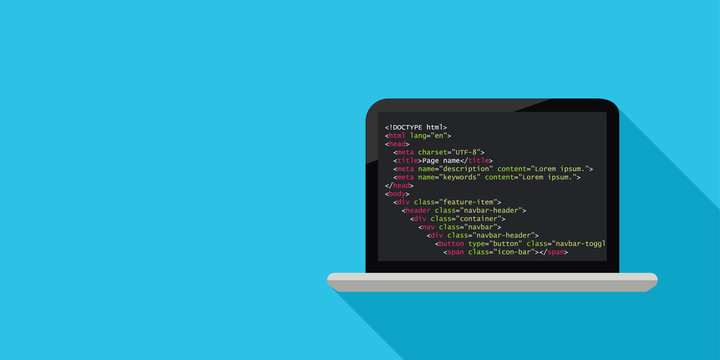 Programming concept with laptop and code. Vector illustration in flat design with copy space.