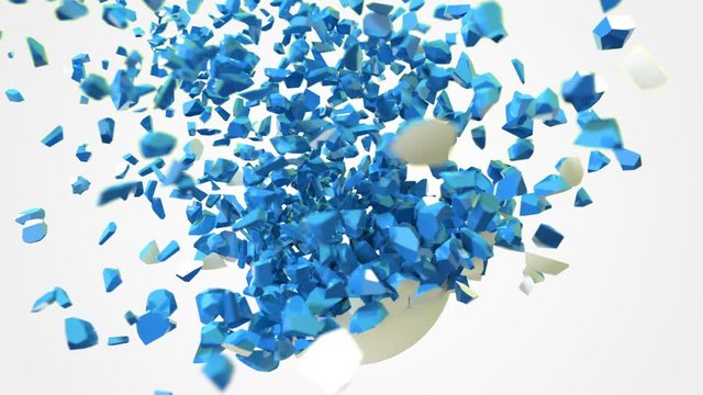 Abstract 3D explosion ball with color object inside. Geometric slow motion realistic exploding sphere with many little detail pieces. Alpha channel. 4K.