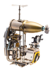 Steampunk robot. Cyberpunk style. Chrome and bronze parts.