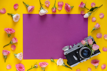 Round frame floral pattern  made of pink and beige roses, green leaves and film camera on yellow background.Valentine's Day background. Flat lay, top view.