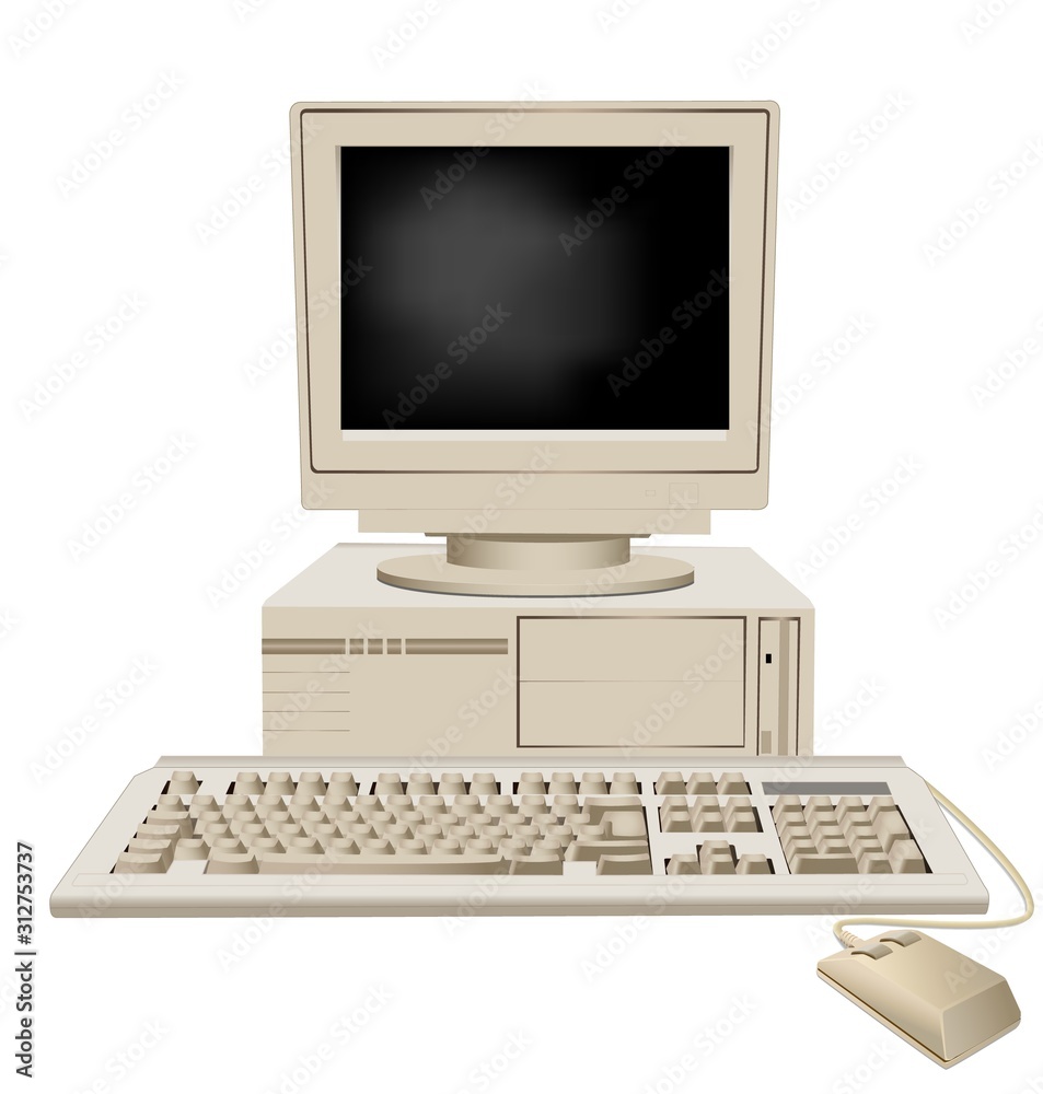 Poster retro personal computer with system unit large monitor keyboard and mouse vector graphic illustratio