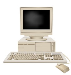 Retro personal computer with system unit large monitor keyboard and mouse vector graphic illustration. Old vintage pc 3d front view isolated on white background