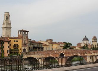 Fototapeta premium View from the road to the Ponte Pietra bridge and the city of Verona