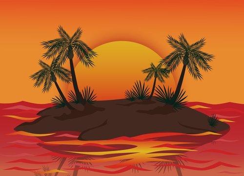 Evening island with palm trees surrounded by sea graphic vector illustration. Beautiful tropical seascape with big yellow sun background paradise beach at sunset