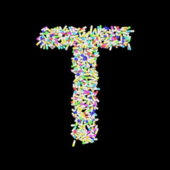 Colorful Capsule Pill Font Letter T 3D Rendered on Black