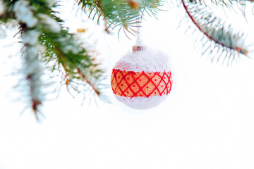 Obraz na płótnie Canvas Merry Christmas and Happy New Year! Decorative balls on Christmas tree against white background.