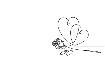 Love, hearts and rose. Loving hearts and flower. Continuous line drawing. Sketch. Vector.
