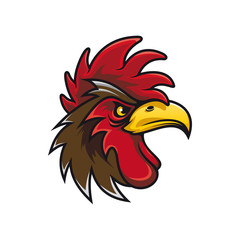 Angry gamecock profile view isolated head of cock. Vector domestic bird with cockscomb, black rooster
