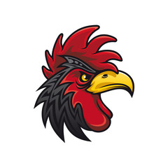 Angry gamecock profile view isolated head of cock. Vector domestic bird with cockscomb, black rooster