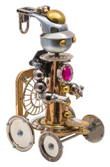 Steampunk robot. Cyberpunk style. Chrome and bronze parts.