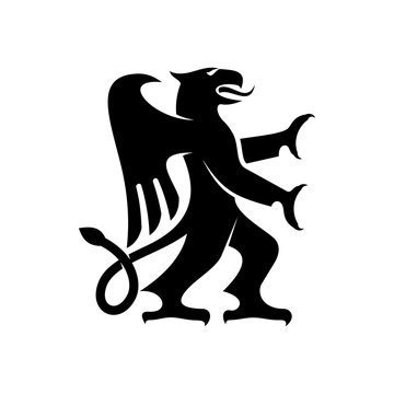 Mythical creature, isolated heraldry black griffin. Vector griffon with body, tail and paws of lion, head of eagle