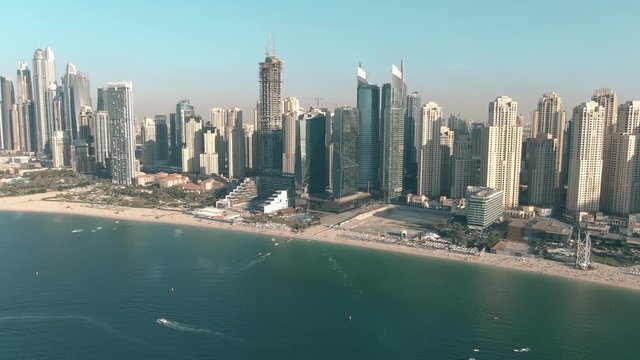 Dubai Marina skyscrapers and the beachfront, aerial view