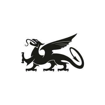 Black dragon isolated heraldic animal silhouette. Vector creature with eagle wings, legs and lion tail