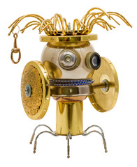 Steampunk robot. Cyberpunk style. Chrome and bronze parts.