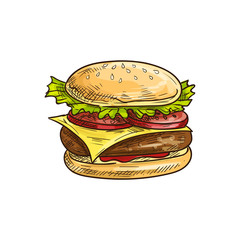 Big royal cheeseburger isolated fastfood snack. Vector hamburger burger with chicken or beef chop
