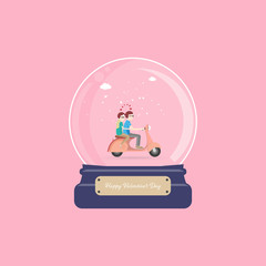 Happy valentines day with happy couple is riding a scooter in snow globe on valentines background - Vector illustration.