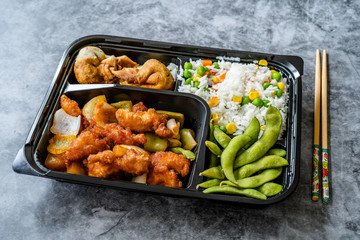 Take Away Japanese Food Bento Box Menu Set with Chicken, Fried Dumplings, Edamame and Rice with Vegetables in Plastic Box Package / Container.