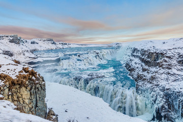Panoramic view over Gullfoss waterfall in south Iceland in winter during daytime