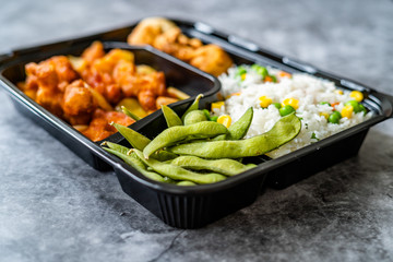 Take Away Japanese Food Bento Box Menu Set with Chicken, Fried Dumplings, Edamame and Rice with Vegetables in Plastic Box Package / Container.
