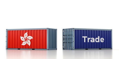 Freight container with Hong Kong flag. 3D Rendering
