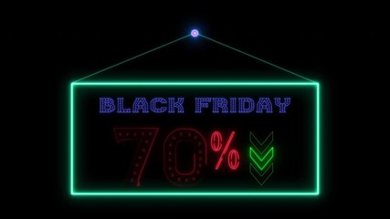 70% sale off shopping neon sign fluorescent light glowing banner background. Text 70 % sale off, flash sale by neon lights signboard at night. The best stock neon flickering, flash and blinking color