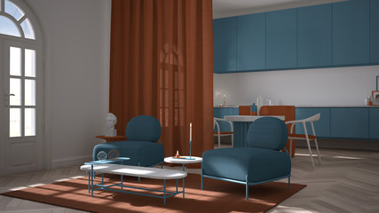 Colored lounge, living room and kitchen in classic room with stucco molded walls and parquet floor. Island with chairs, armchairs with sofa, carpet. Blue and orange interior design