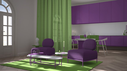Colored lounge, living room and kitchen in classic room with stucco molded walls and parquet floor. Island with chairs, armchairs with sofa, carpet. Green and violet interior design