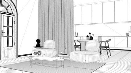 Blueprint project draft, luxury lounge, living room and kitchen in classic room with stucco molded walls and parquet floor. Island with chairs, armchairs, sofa and carpet, top view
