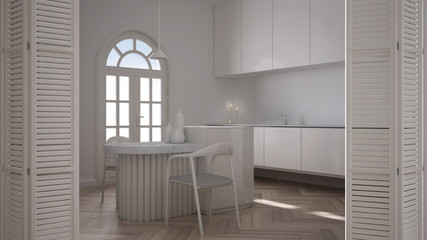 White folding door opening on minimalist classic kitchen with island and chairs, arched panoramic window, parquet, white interior design, architect designer concept, blur background