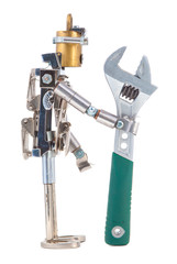 Steampunk robot holding adjustable wrench. Chrome and bronze parts. Isolated on white.