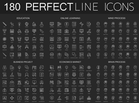 180 modern thin line icons set on dark black background. Education, online learning, mind process, business project, economics market, brain process isolated